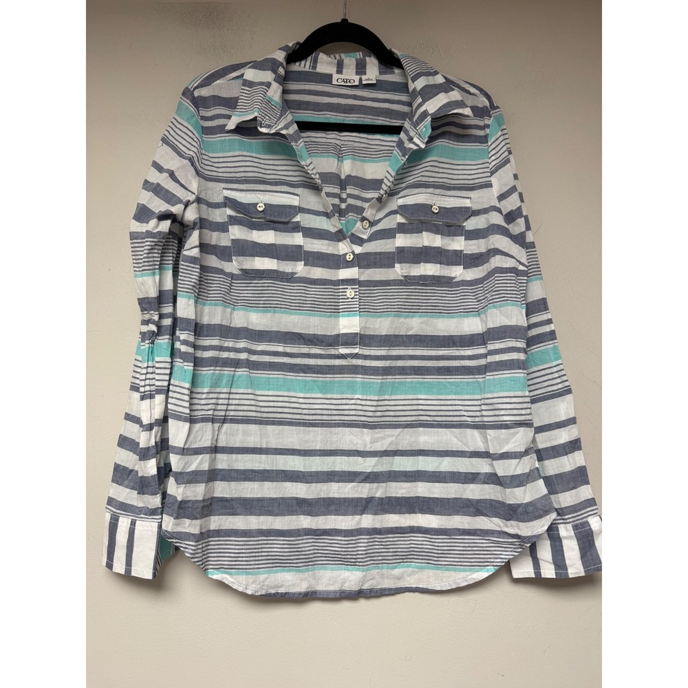 Cato Striped Button Up Top Womens‎ Large Blue White Cotton Excellent Roll Tab